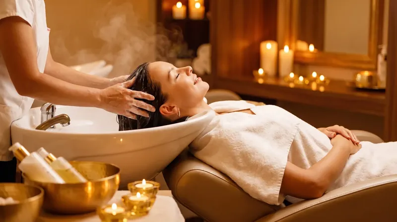 Client relaxing during a hair washing ritual in a warm salon