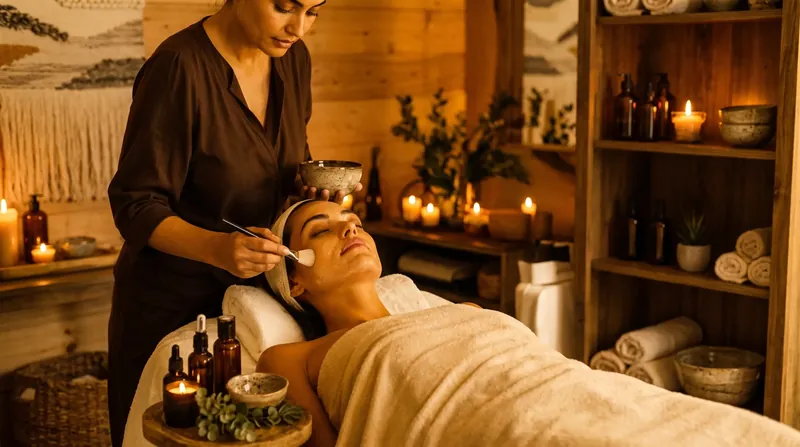 Therapist applying a facial mask with a brush in a warm treatment room