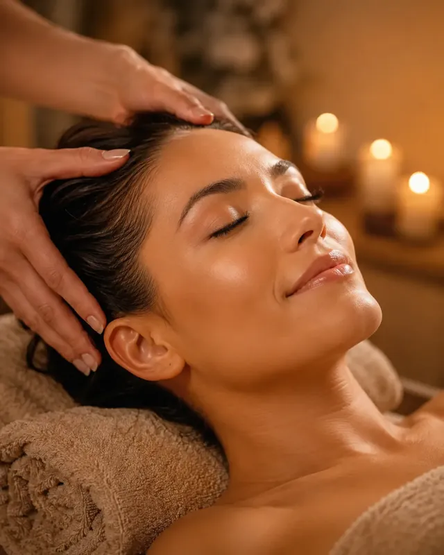 Woman relaxing during a massage in a warm, candlelit spa