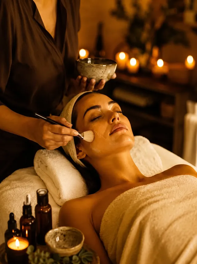 Client relaxing during a facial with candles in the background